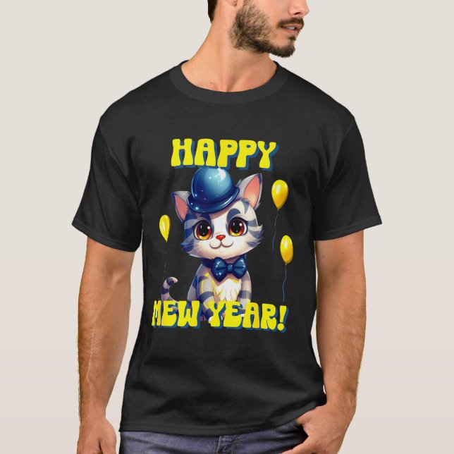 Camiseta Cat Happy New Year Mew Year Funny New Years Party  (Frente)