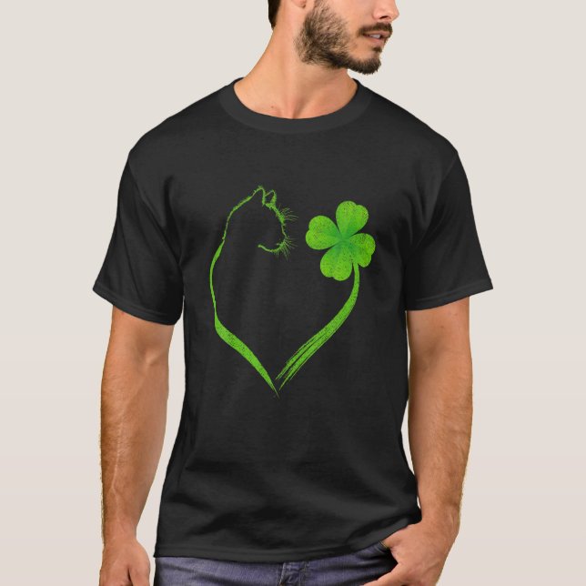 Camiseta Cat Heart Shamrock Dia de São Patrício Irish Clove (Frente)