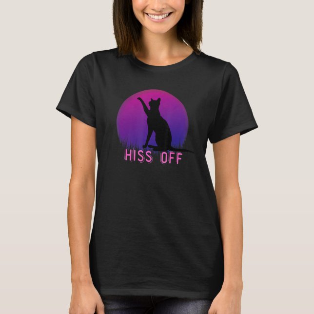Camiseta Cat Hiss Off Meow Retro Sunset Style Funny Black C (Frente)
