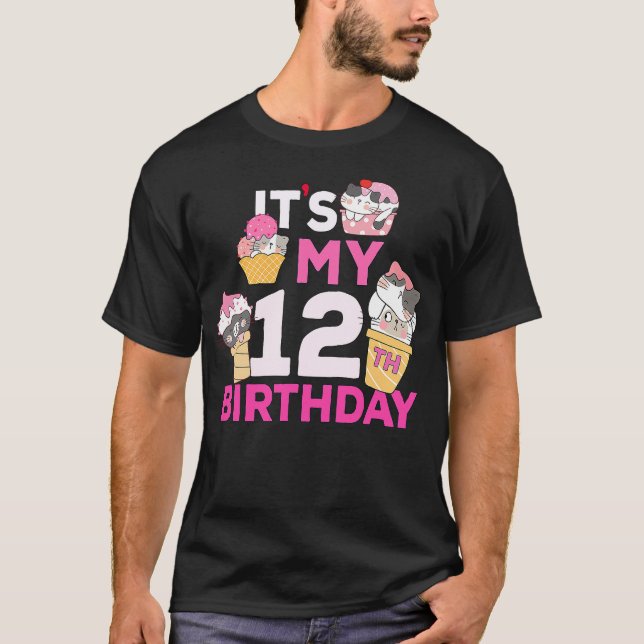 Camiseta Cat Ice Cream Its My 12th Birthday 12 Year Old Gif (Frente)
