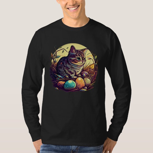 Camiseta Cat Illustration Easter Graphic with Eggs for Cat (Frente)