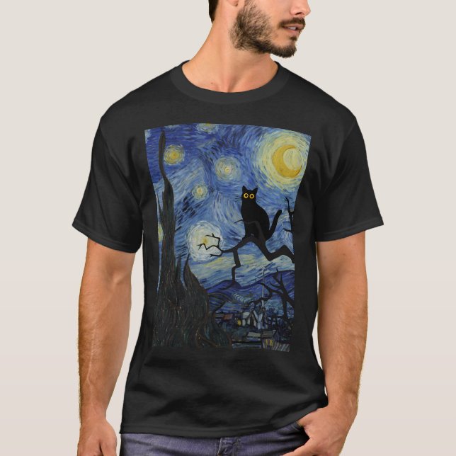 Camiseta Cat Impressão Starry Night Vincent Van Gogh Black  (Frente)