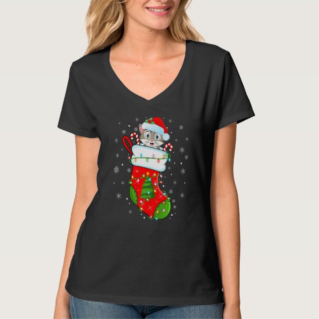 Camiseta Cat In Christmas Socks Santa Cat Xmas (Frente)