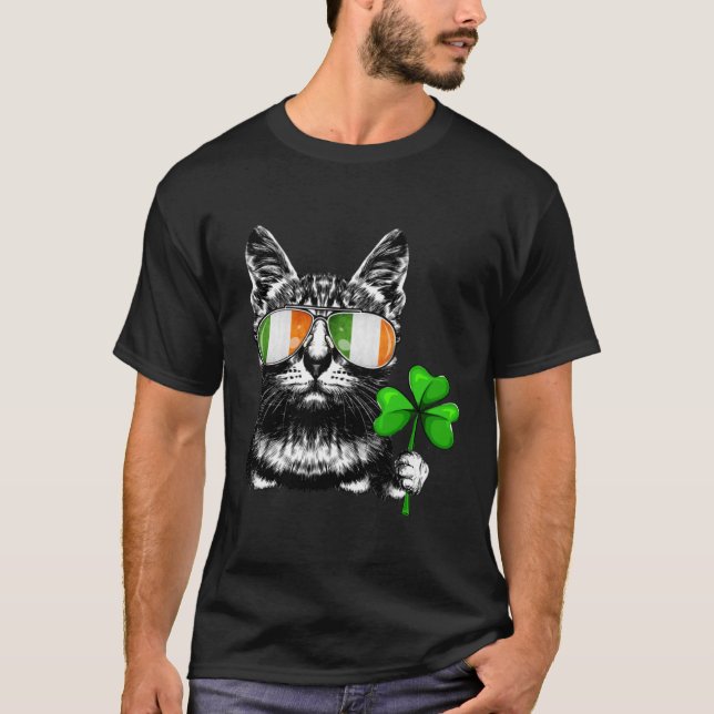 Camiseta Cat Ireland Flag Óculos de sol Shamrock St Patrici (Frente)