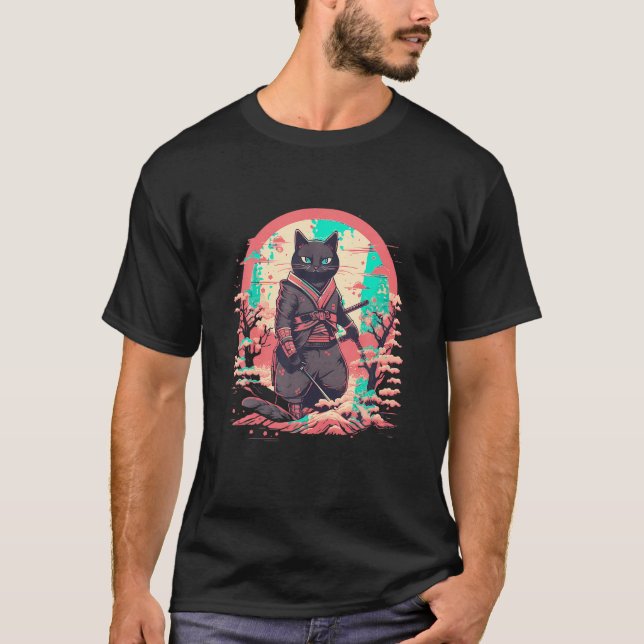 Camiseta Cat Japonês Art Cat Ninja Ukiyo e Anime Samurai C (Frente)