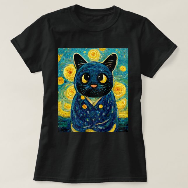 Camiseta Cat Kawaii Van Gogh Starry Night Cat Mãe Cat Pai C (Frente do Design)