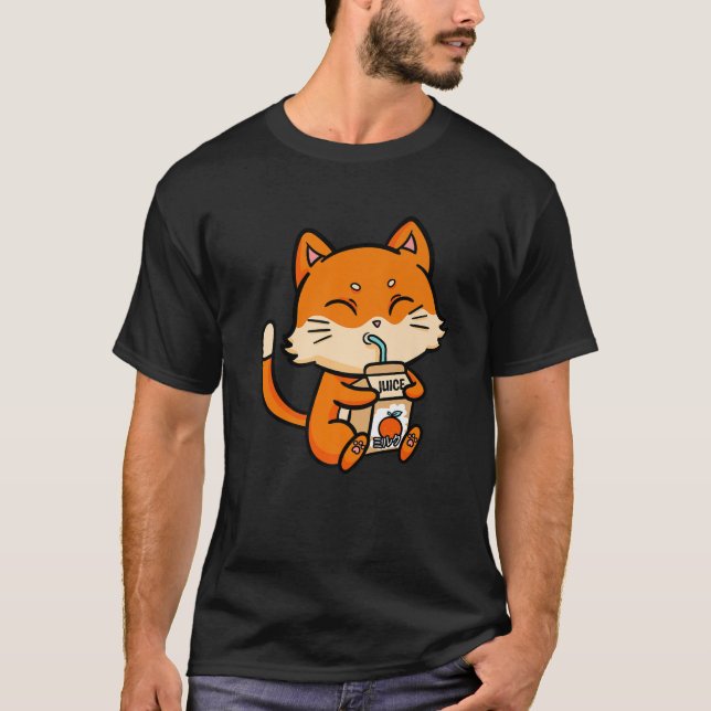 Camiseta Cat Kitten Bebendo Suice Orange Anime Manga Kawai (Frente)