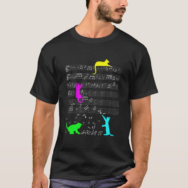 Camiseta Cat Kitty Music Notes Colorful Musician Clef (Frente)