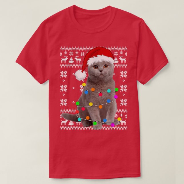 Camiseta Cat Lights Ugly Kitten Santa Hat Christmas Pajama  (Frente do Design)