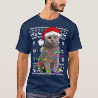 Camiseta Cat Lights Ugly Kitten Santa Hat Natal Pajama