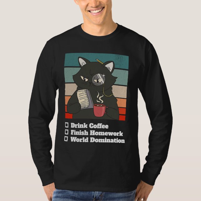 Camiseta Cat List World Domination Homework School Kid Coll (Frente)