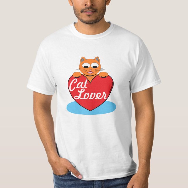 Camiseta Cat Lover Orange Cartoon Cat com Coração Vermelho (Frente)