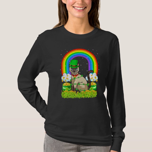 Camiseta Cat Lover Rainbow Leprechaun Siamese Cat Rua Patro (Frente)