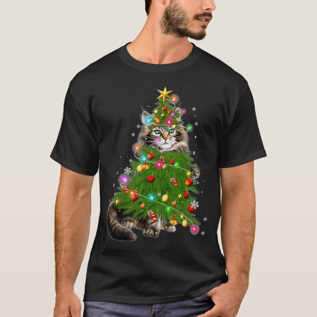 Camiseta Cat Maine Coon Christmas Tree Holiday Cat Lovers X (Frente)