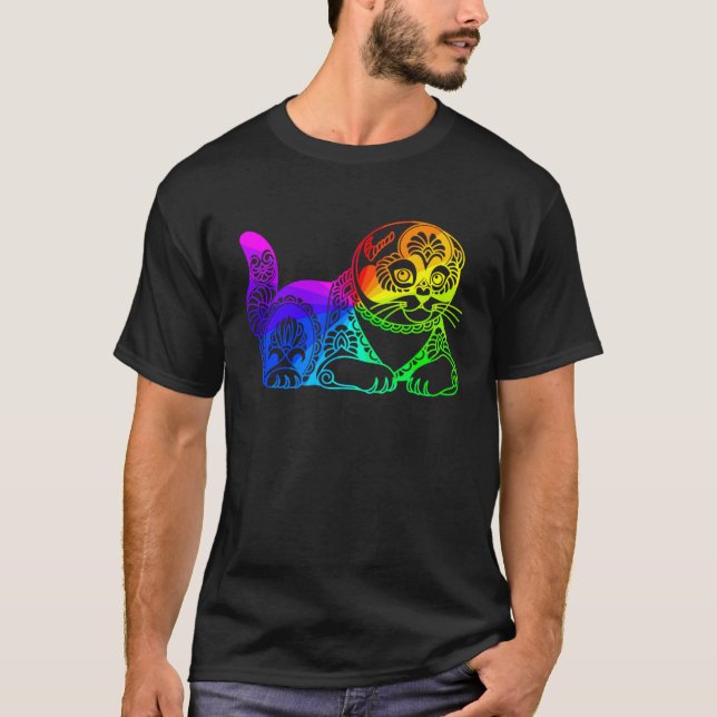 Camiseta Cat Mandala Rainbow Kitty Geometric Yoga Meditatio (Frente)