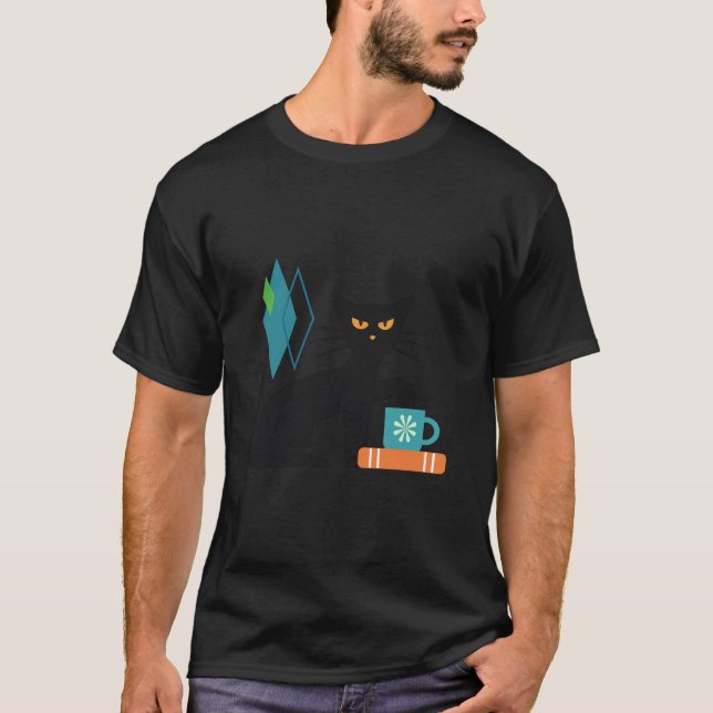 Camiseta Cat Meia-século com Médio de Livro e Café Atômico (Frente)