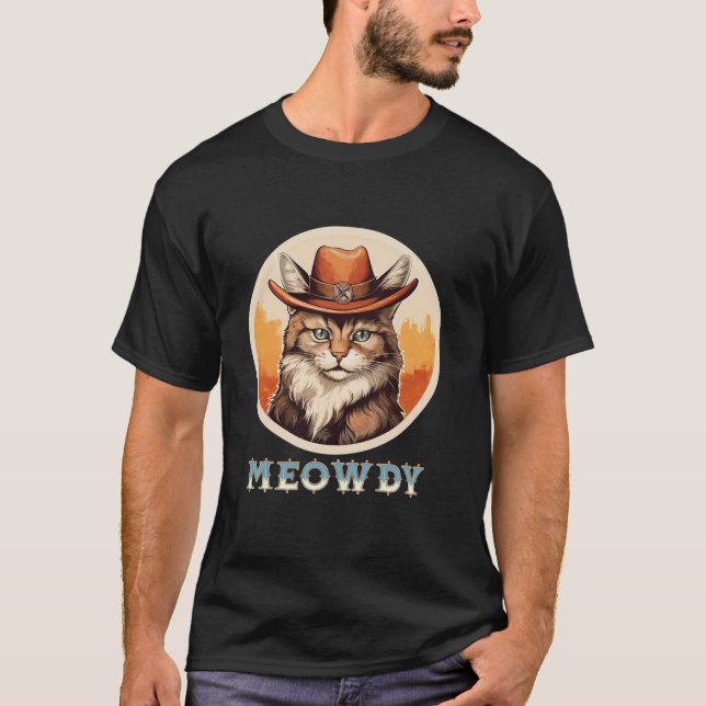 Camiseta Cat Meme Meowdy Engraçado Mashup Entre Meow Howdy  (Frente)