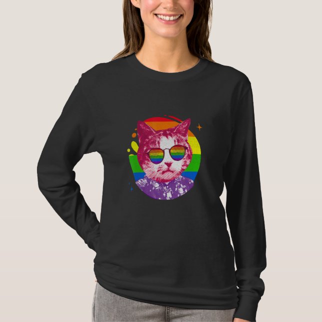 Camiseta Cat Meme Rainbow Sunglass Lgbt Pride Love (Frente)