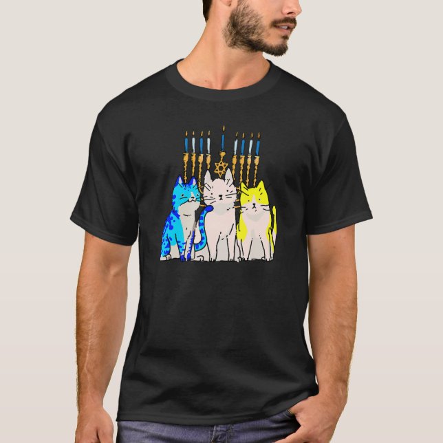 Camiseta Cat Menorah Hanukkah Cute Kitten Chanukah judeu H (Frente)
