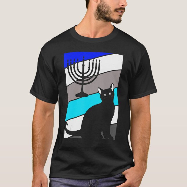 Camiseta Cat Menorah Hanukkah Cute Kitten Chanukah judeu H (Frente)