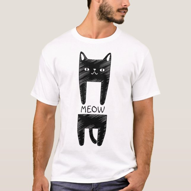 Camiseta Cat Meow | Desenho Engraçado de Gato Preto (Frente)