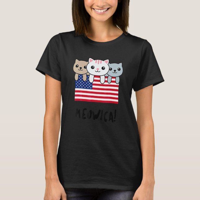 Camiseta Cat Meowica Independence Day Patriot USA Flag (Frente)