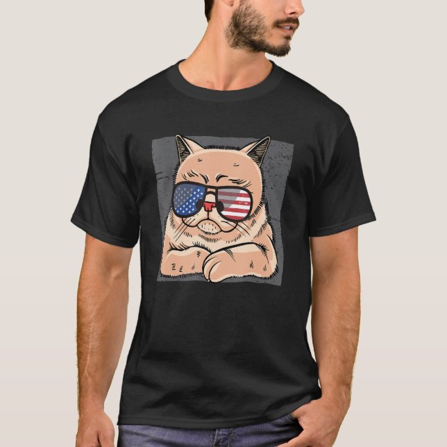 Camiseta Cat Meowica Usa Bandeira Óculos De Sol Para Felino (Frente)