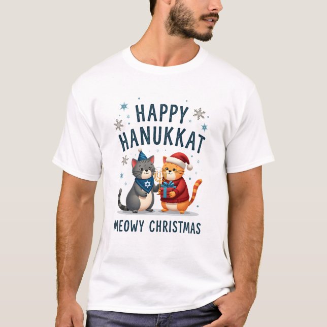 Camiseta Cat Merry Christmas Happy Hanukkah Jewish Christia (Frente)