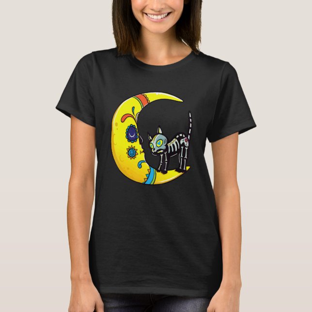 Camiseta Cat & Moon Sugar Skull Dia de Los Muertos  Day Of  (Frente)