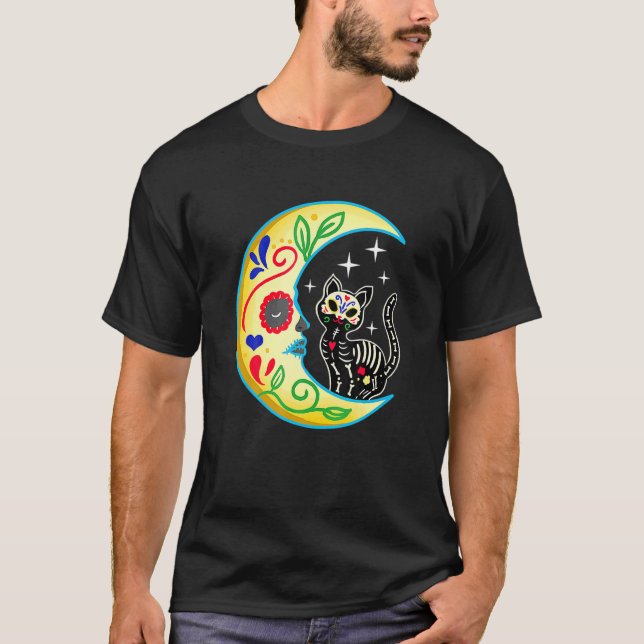 Camiseta Cat Moon Sugar Skull Dia De Los Muertos Dia Do (Frente)