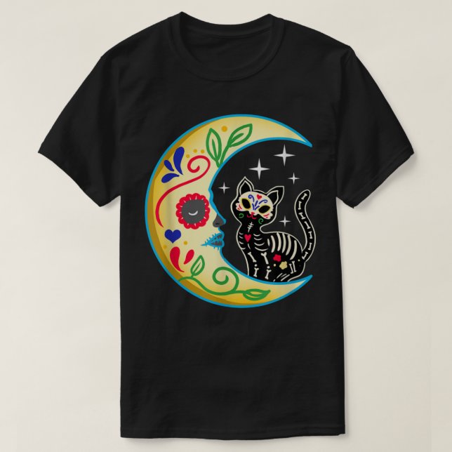 Camiseta Cat & Moon Sugar Skull Dia de Los Muertos, Dia do  (Frente do Design)