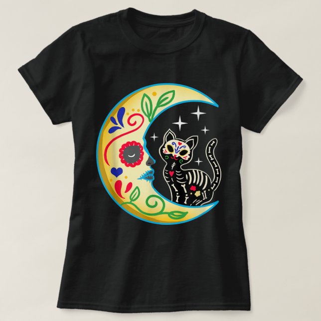 Camiseta Cat & Moon Sugar Skull Dia de Los Muertos, Dia do  (Frente do Design)