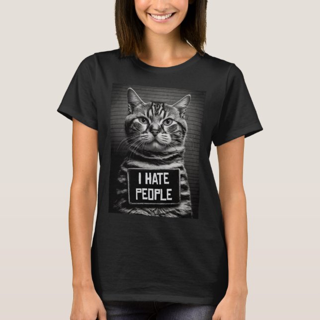 Camiseta Cat Mugshot I Odeio Pessoas Pai de Gato ou Cat Mãe (Frente)
