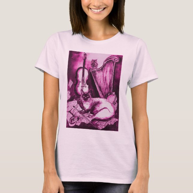 Camiseta CAT MUSICAL, Violeta Rosa e Branco (Frente)