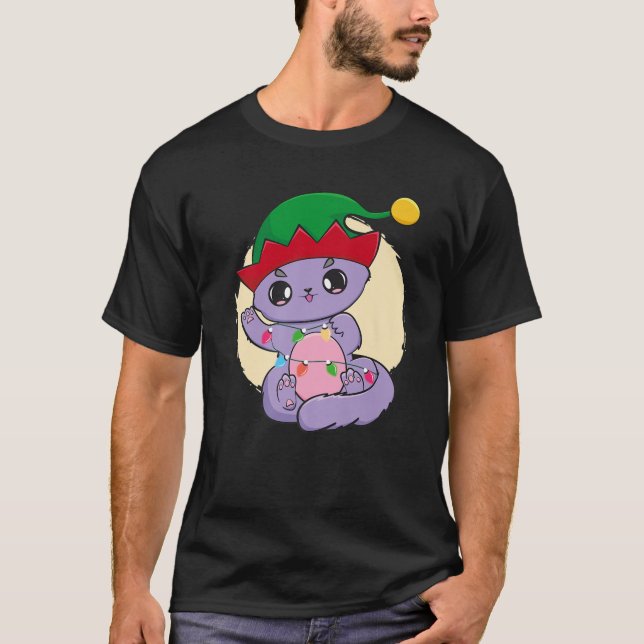 Camiseta Cat Natal Elf Crew Chibi Neko Anime Kawaii San (Frente)