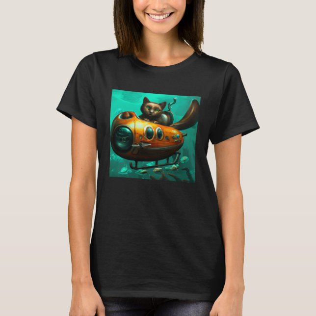 Camiseta Cat on a submarine in water Unusual situation (Frente)
