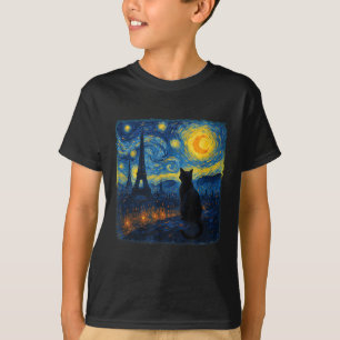 Camiseta Cat Paris Eiffel Tower Starry Night Van Gogh Inspi