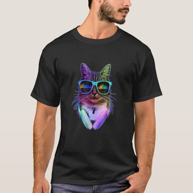 Camiseta Cat Pet Beautiful Summer Glasses Cool Face Headpho (Frente)