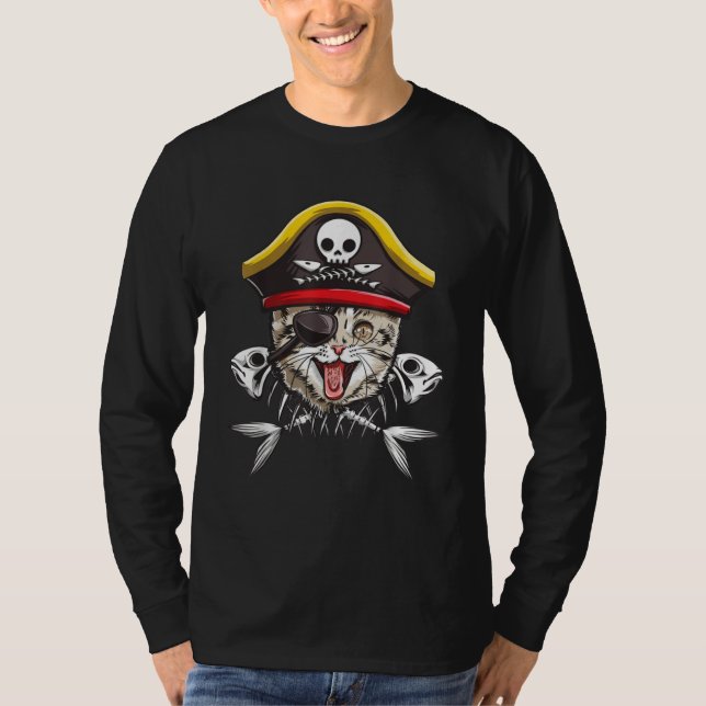 Camiseta Cat Pirate Boys Men Jolly Roger Flag Skull & Cross (Frente)