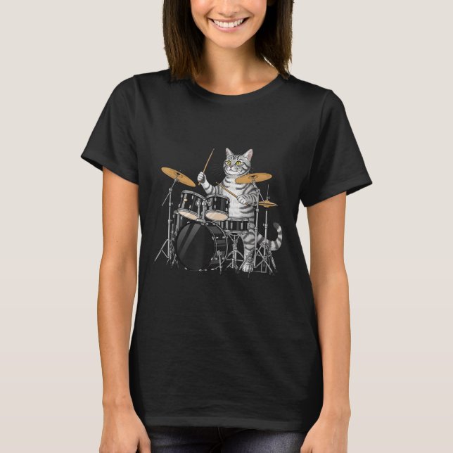Camiseta Cat Playing Drums Drumset Drumkit Drumming Drum Dr (Frente)