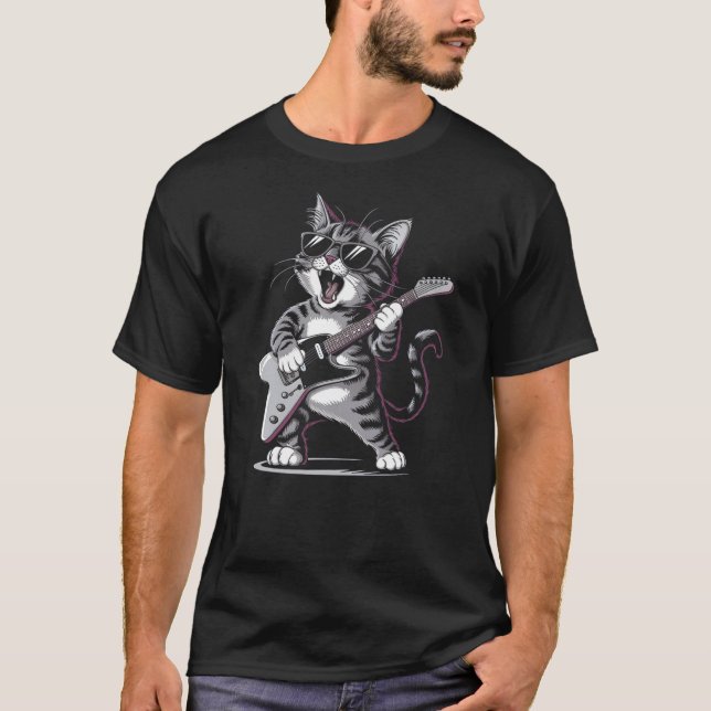 Camiseta Cat Playing Guitar - Fun Cat Lover and Guitarist A (Frente)