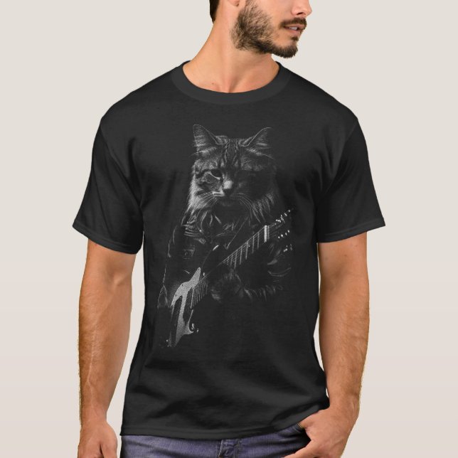 Camiseta Cat Playing Guitar Rock Star Rock And Roll Men Wom (Frente)