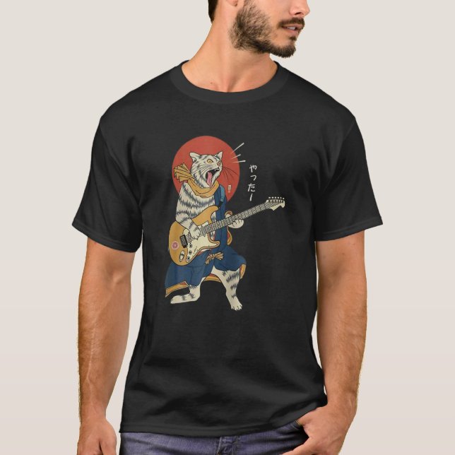 Camiseta Cat Playing Guitar Ukiyo E Samurai Japanese Warrio (Frente)