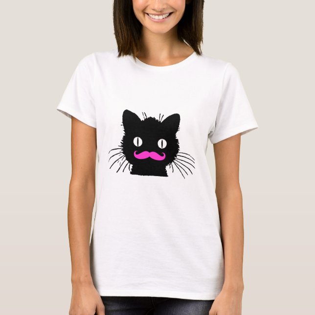 CAMISETA CAT PRETO DO BIGODE COR-DE-ROSA ENGRAÇADO (Frente)