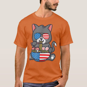 Camiseta Cat Ramen American Anime Flag 4 De Julho Funny Pa