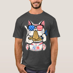 Camiseta Cat Ramen Anime American Flag USA 4 De Julho Comer