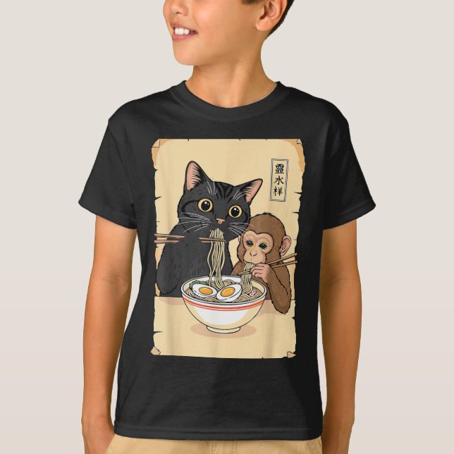 Camiseta Cat Ramen Monkey Shirt Funny Cat Monkey Eating Ram (Frente)