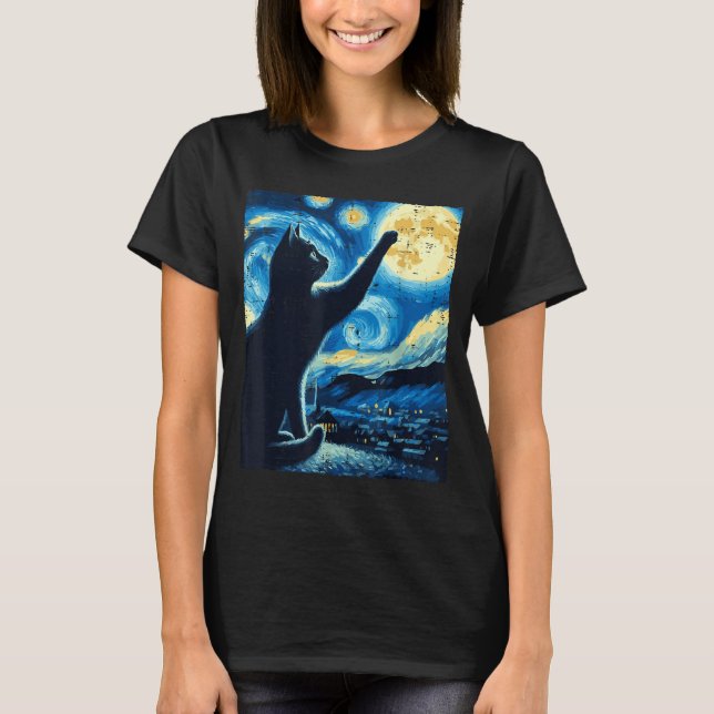 Camiseta Cat Reaching Moon Starry Night Funny Kitten Men Wo (Frente)