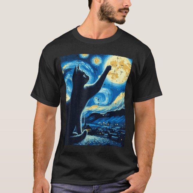 Camiseta Cat Reaching Moon Starry Night Funny Kitten Men Wo (Frente)