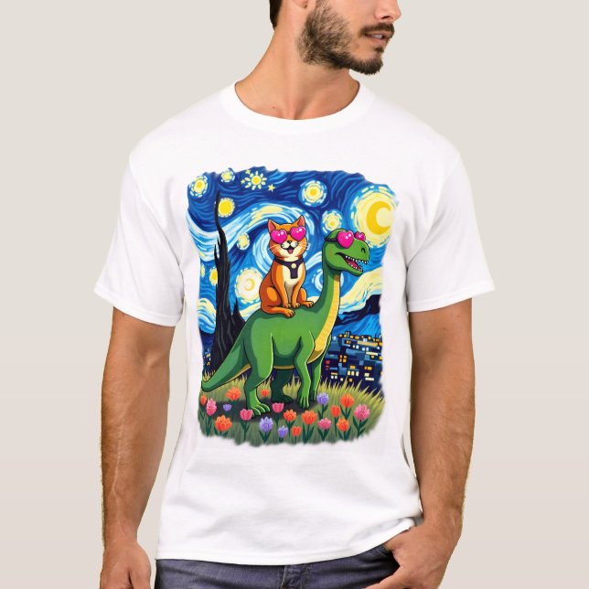 Camiseta Cat Riding Dinosaur T-Rex Starry Night Cat Lover ( (Frente)